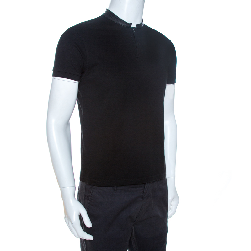 

Saint Laurent Paris Black Cotton Pique Leather Collar Detail Polo T-Shirt