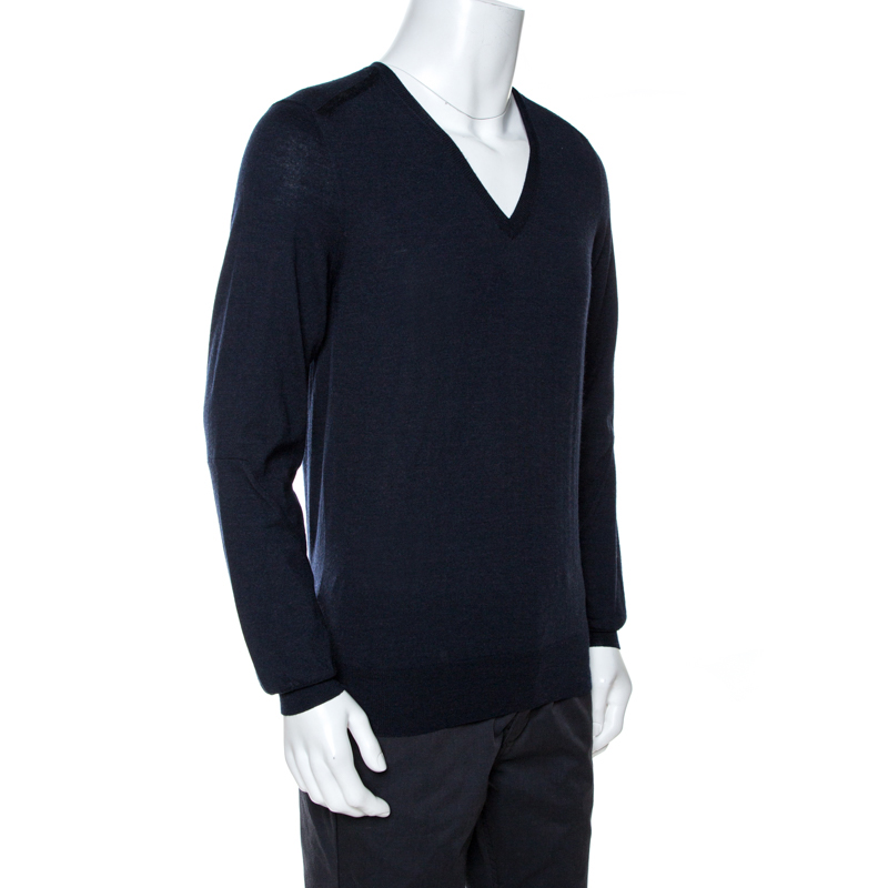 

Saint Laurent Paris Navy Blue Wool V Neck Sweater