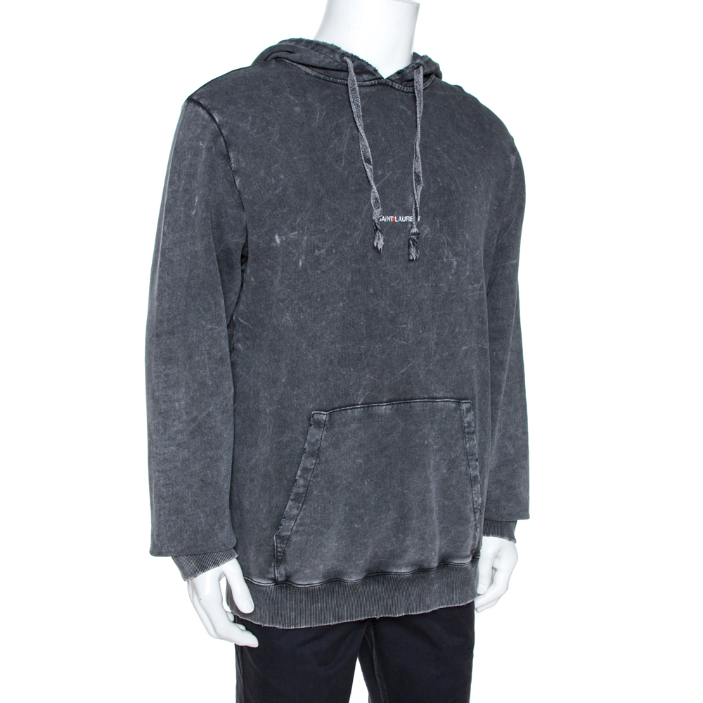 

Saint Laurent Paris Grey Heavy Washed & Distressed Cotton Hoodie