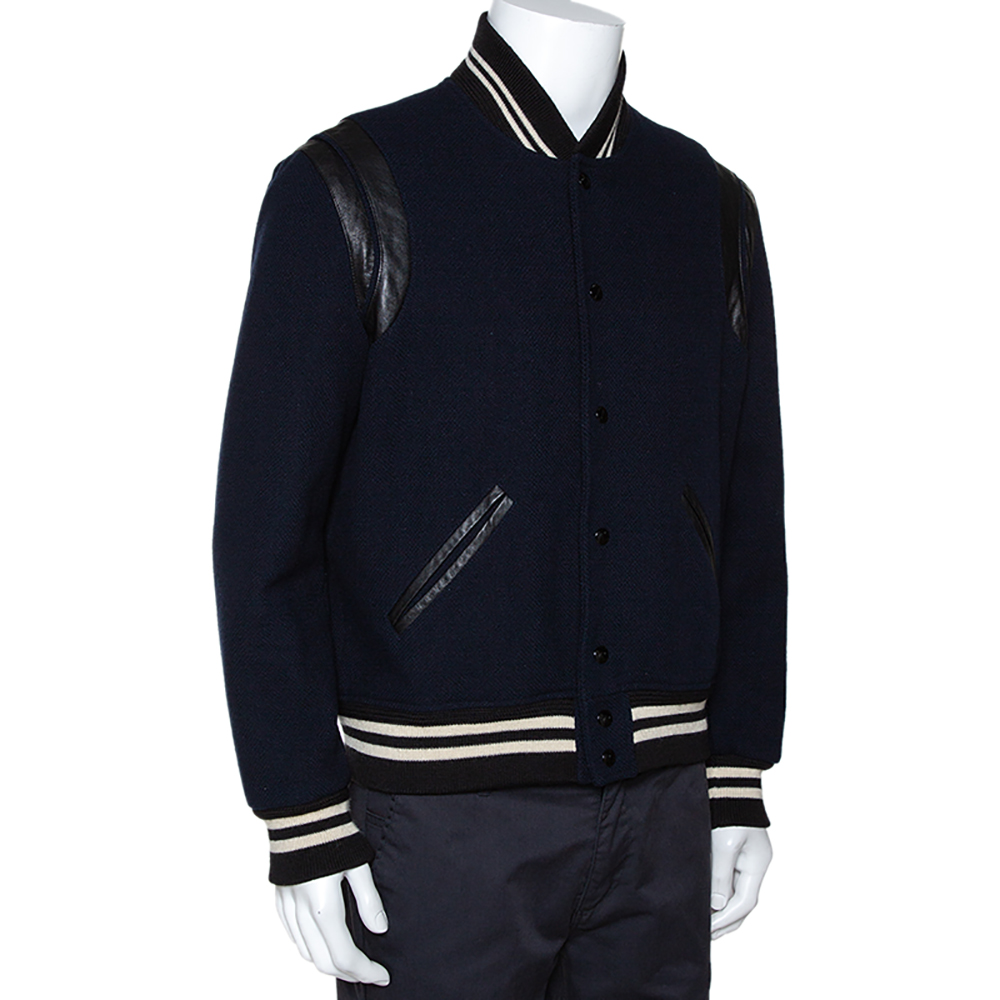 

Saint Laurent Black Wool Leather Trim Teddy Jacket, Navy blue