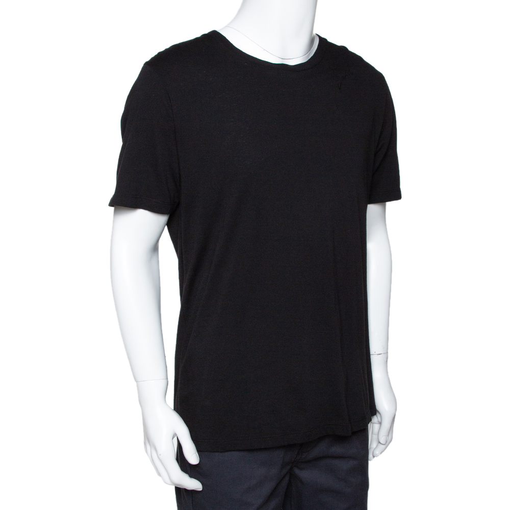 

Saint Laurent Black Cotton Signature Logo Embroidered Round Neck T Shirt