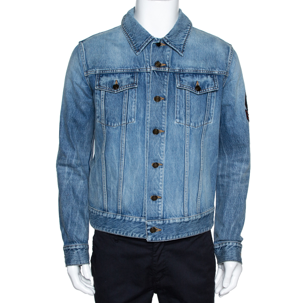 Pre Owned Saint Laurent Paris Blue Denim Logo Appliqued Jacket M