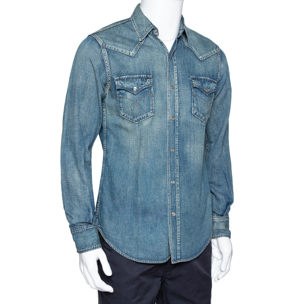 

Saint Laurent Paris Blue Dark Wash Denim Button Front Shirt, Navy blue