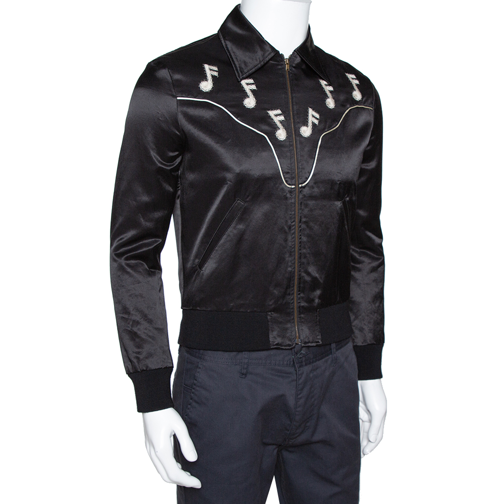 

Saint Laurent Paris Black Musical Note Embroidered Satin Teddy Jacket