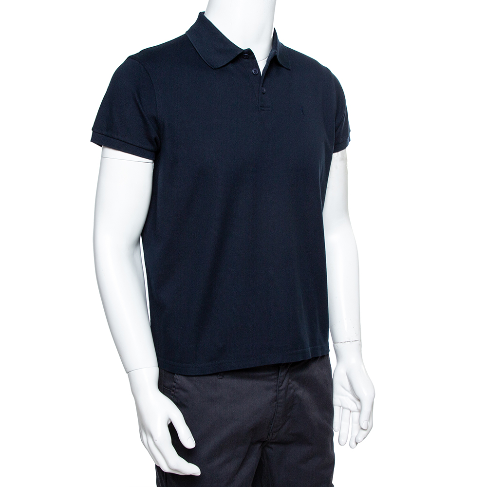 

Saint Laurent Paris Navy Blue Cotton Pique Polo T-Shirt