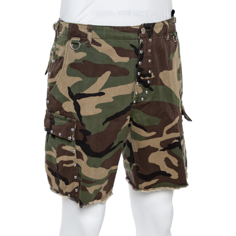 

Saint Laurent Paris Green Camouflage Cotton Studded Shorts