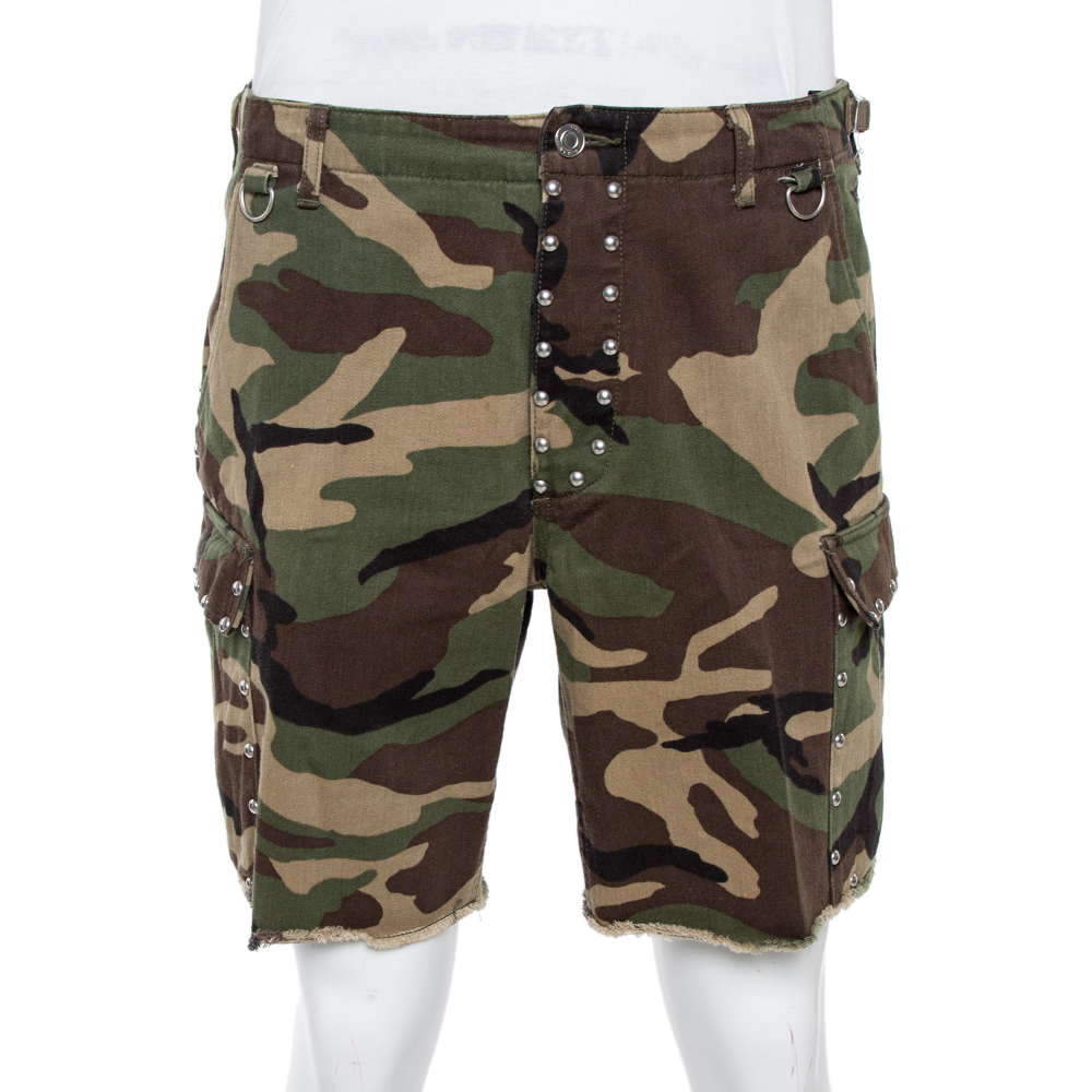 Pre-owned Saint Laurent Green Camouflage Cotton Studded Shorts M