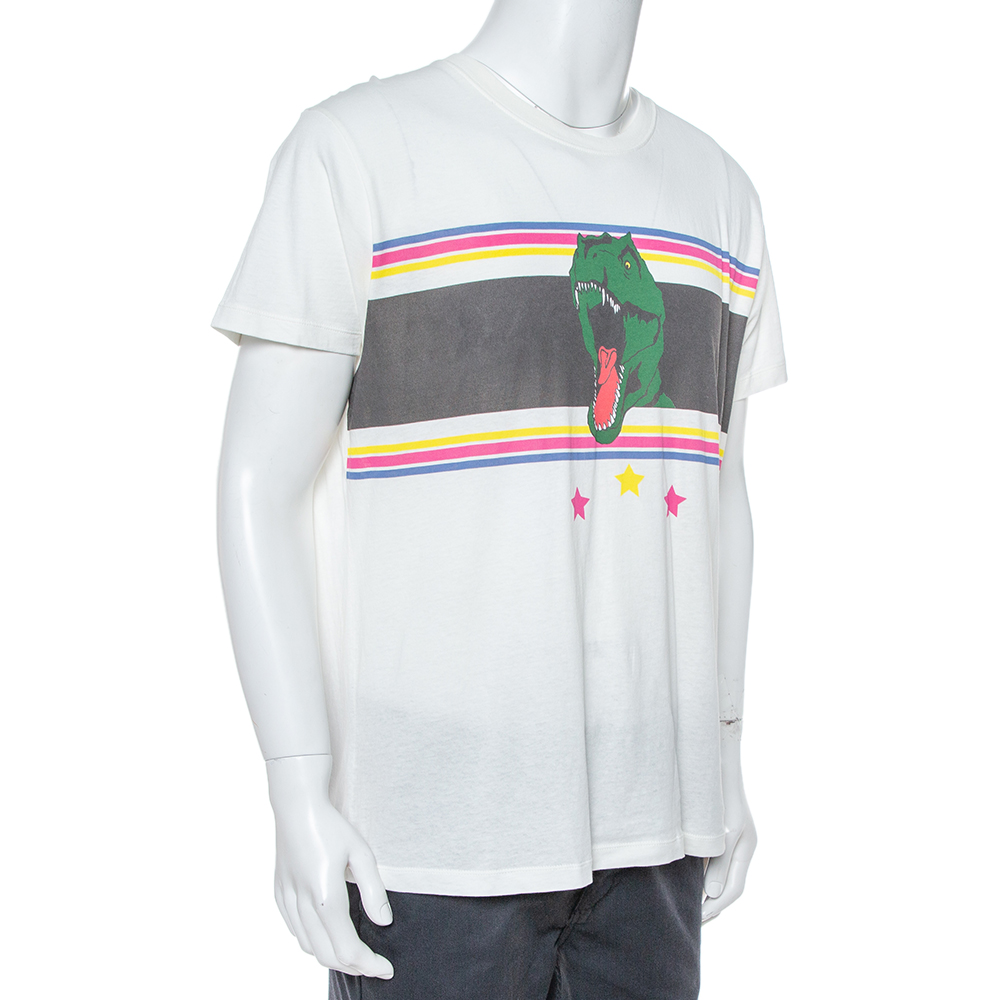 

Saint Laurent Paris White Dinosaur Print Cotton T-Shirt