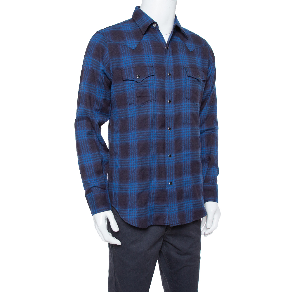 

Saint Laurent Paris Navy Blue Plaid Flannel Long Sleeve Shirt