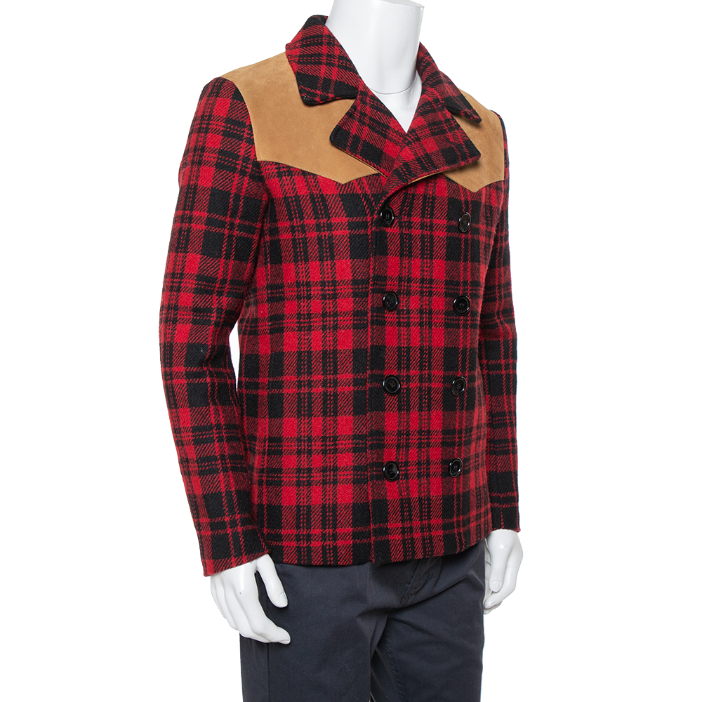 

Saint Laurent Paris Red & Black Tartan Plaid Wool & Leather Caban Coat