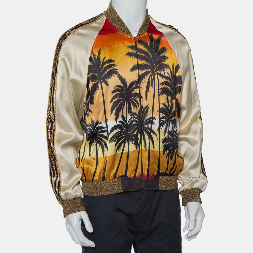 

Saint Laurent Paris Cream Palm Tree Printed Satin Lurex Knit Trim Detail Zipper Front Jacket