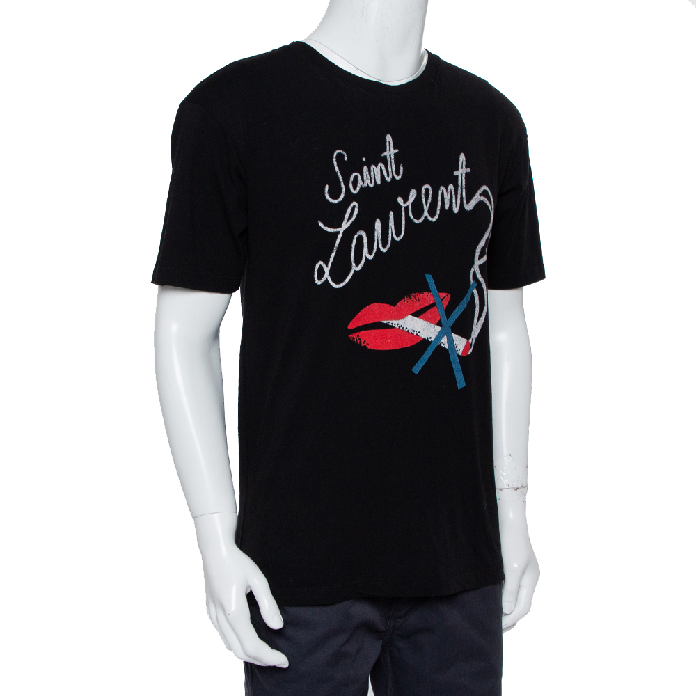 

Saint Laurent Paris Black No Smoking Printed Cotton Crewneck T-Shirt