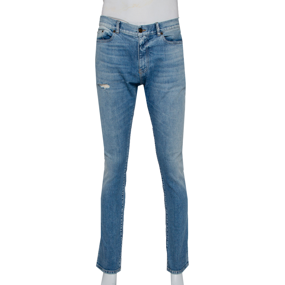 Pre-owned Saint Laurent Blue Faded Denim Distressed Jeans L