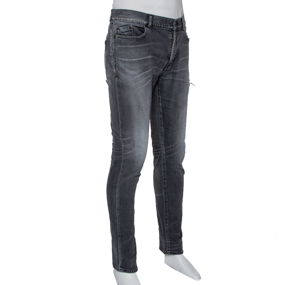 

Saint Laurent Paris Grey Faded Denim Distressed Straight Leg Jeans