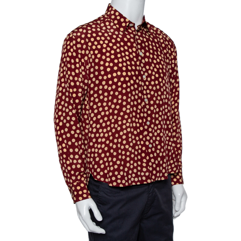 

Saint Laurent Paris Burgundy Polka Dot Printed Silk Button Front Shirt