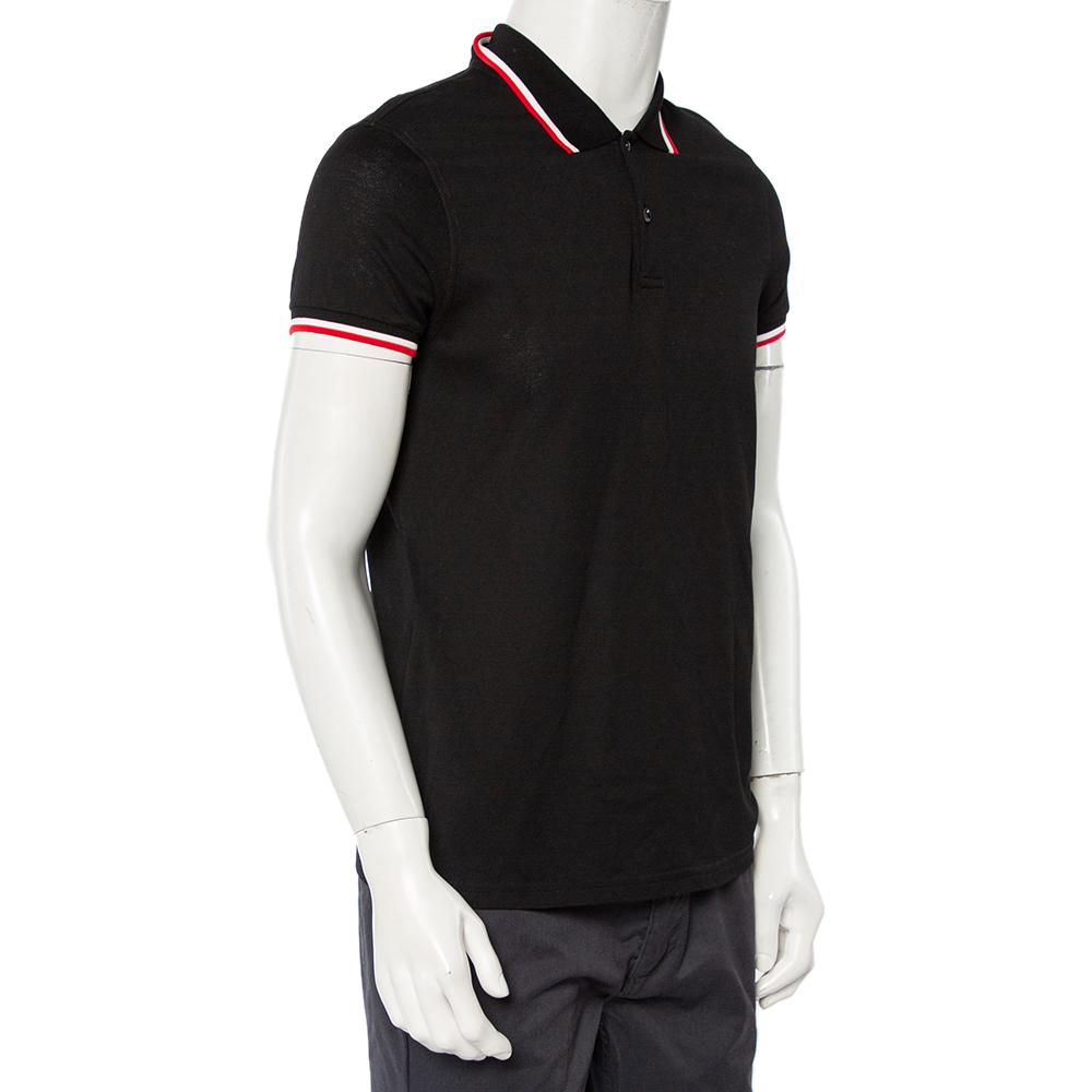 

Saint Laurent Paris Black Cotton Pique Stripe Trim Polo T-Shirt