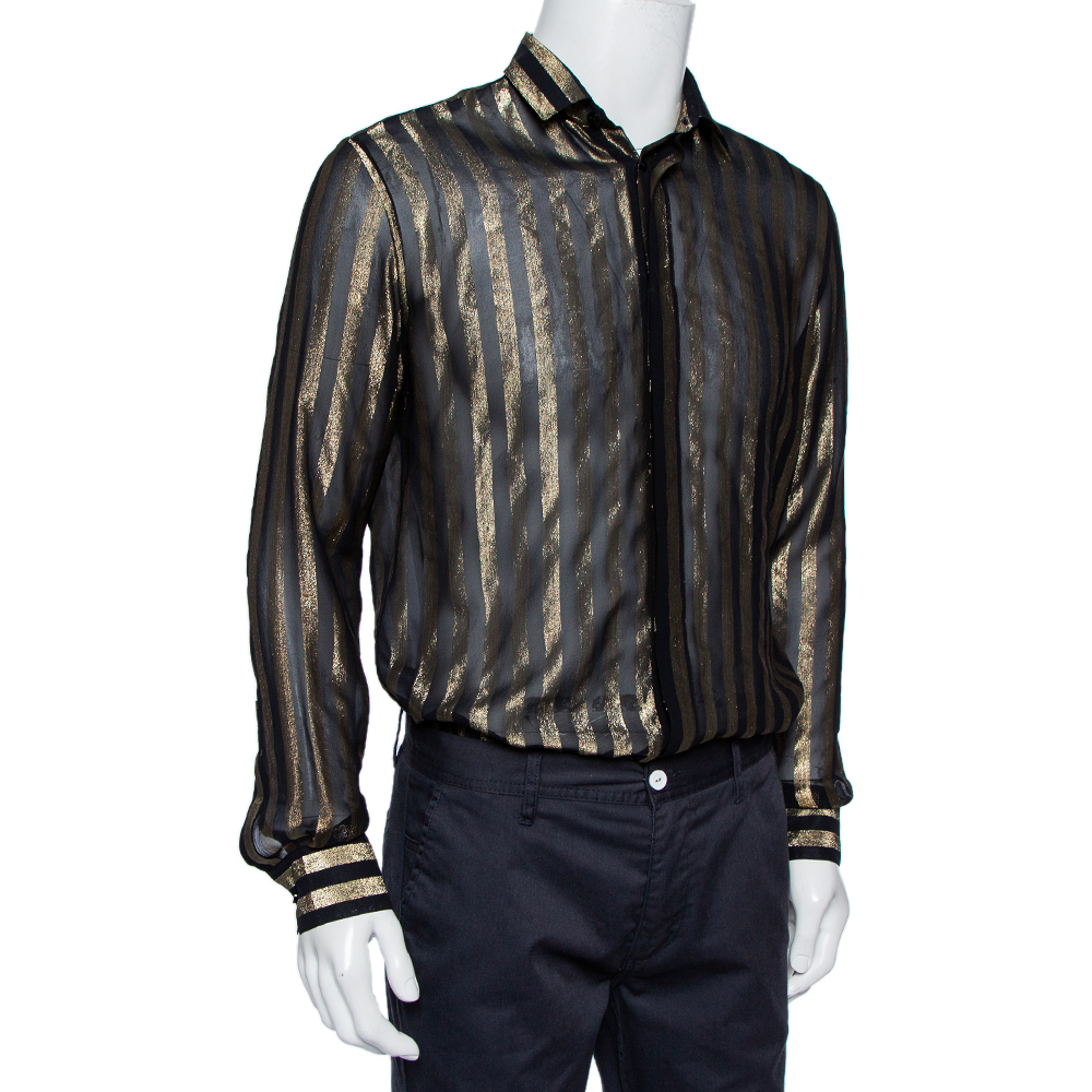 

Saint Laurent Paris Black Lurex Striped Silk Button Front Sheer Shirt