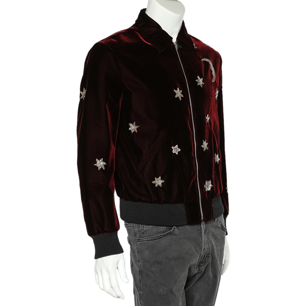 

Saint Laurent Paris Burgundy Velvet Moon & Stars Embellished Teddy Jacket