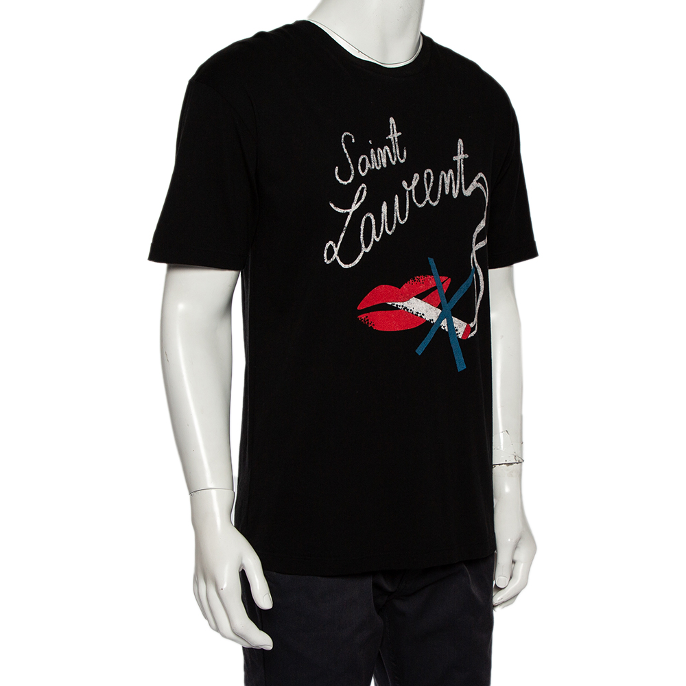 

Saint Laurent Paris Black No Smoking Printed Cotton Crewneck T-Shirt