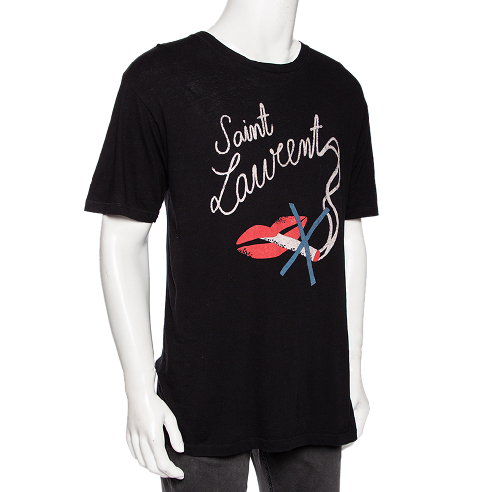 

Saint Laurent Black Quit Smoking Printed Cotton Roundneck T-Shirt