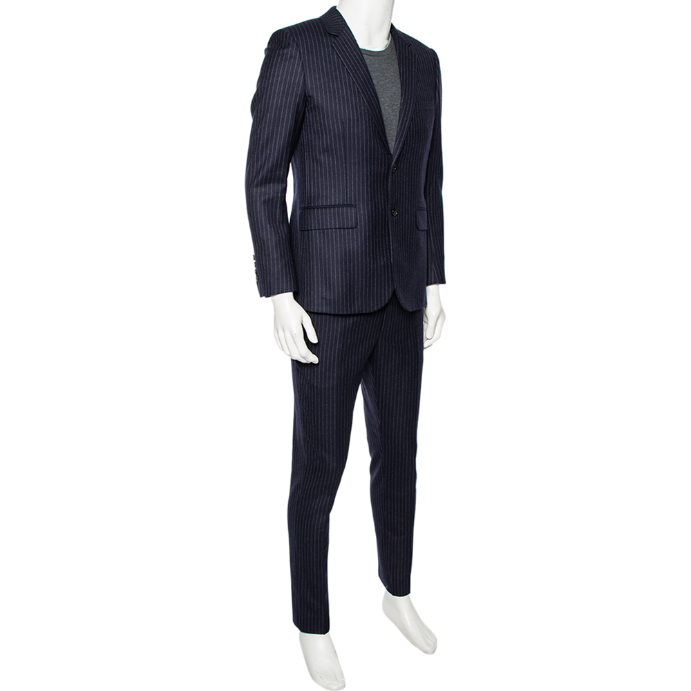 

Saint Laurent Navy Blue Striped Wool Single Breasted Suit