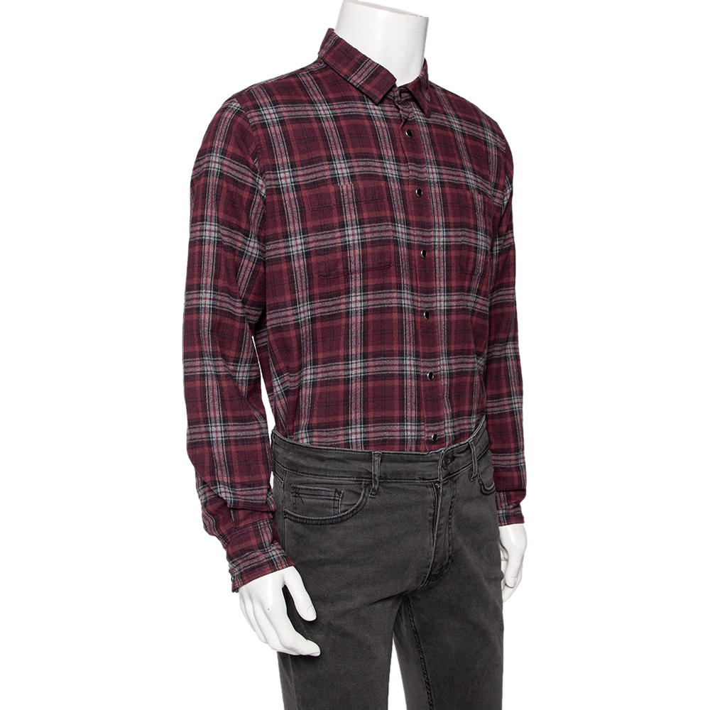 

Saint Laurent Burgundy Checked Cotton Button Front Shirt