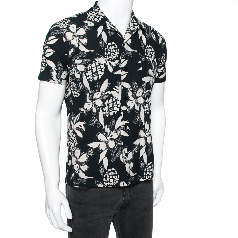 

Saint Laurent Black and White Printed Cotton Short Sleeve Shirt