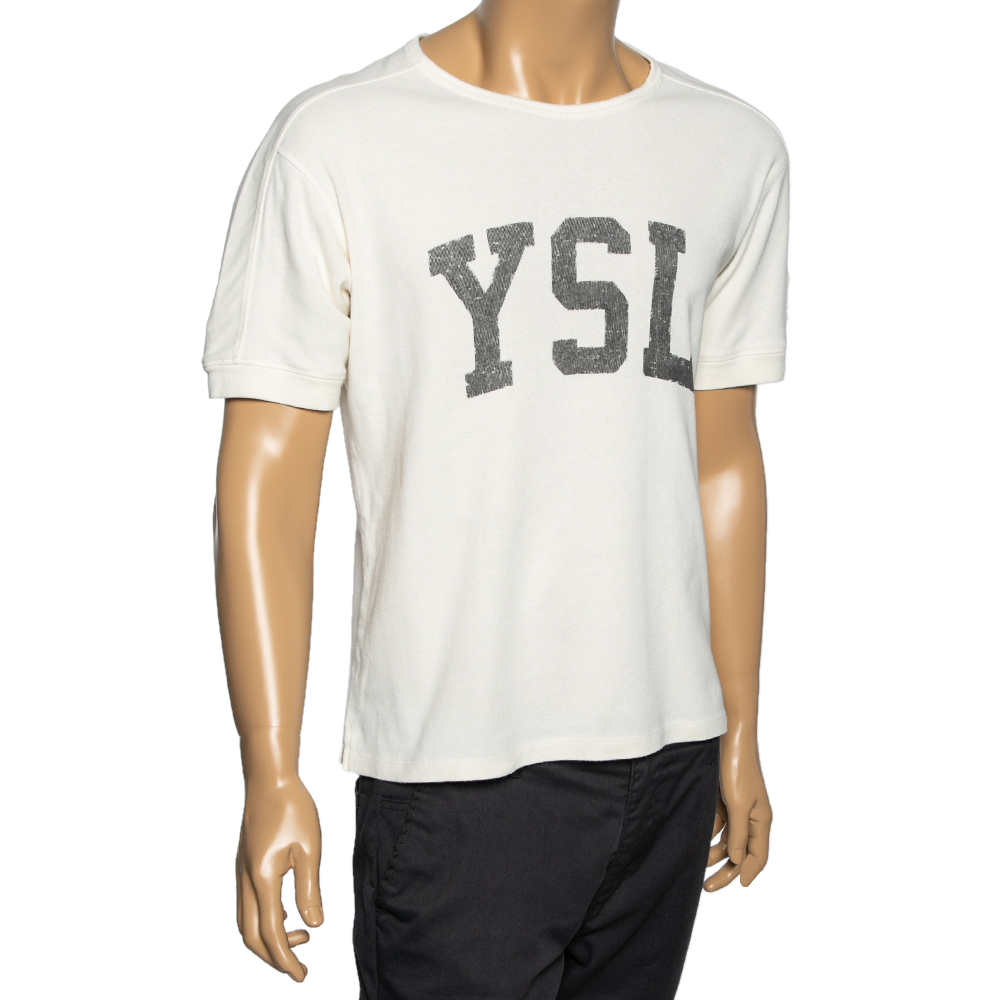 

Saint Laurent Cream Cotton YSL Printed Crew Neck Short Sleeve T-Shirt