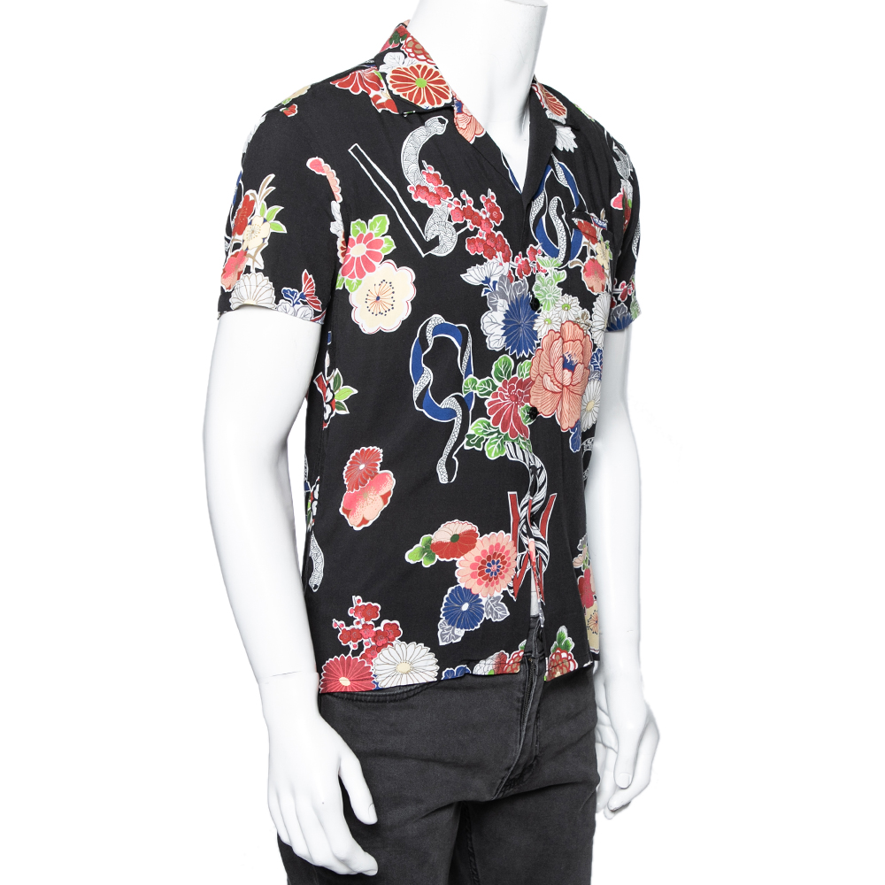 

Saint Laurent Black Floral Printed Cotton Short Sleeve Love Bowling Shirt