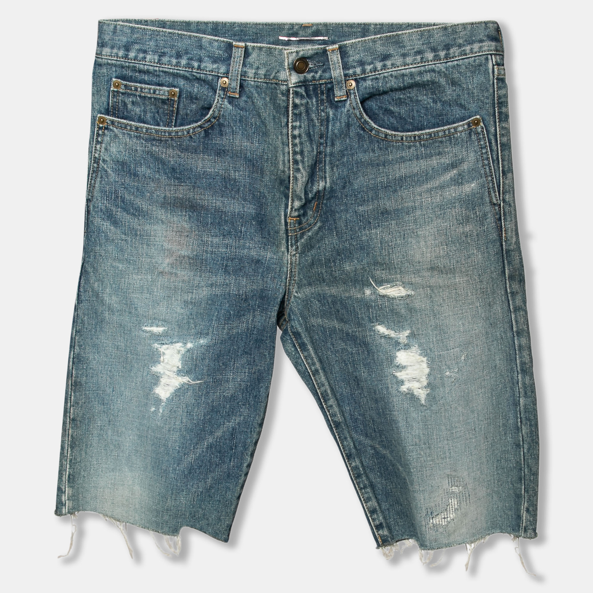Pre-owned Saint Laurent Blue Distressed Denim Capri Shorts S