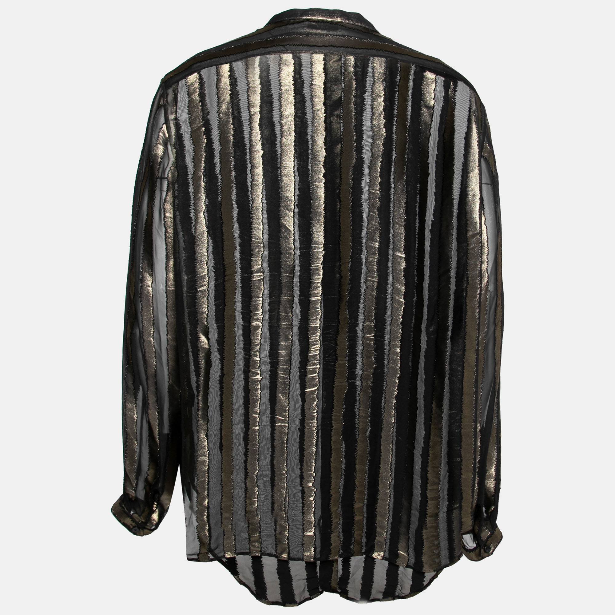 

Saint Laurent Black Lurex Striped Silk Button Front Sheer Shirt