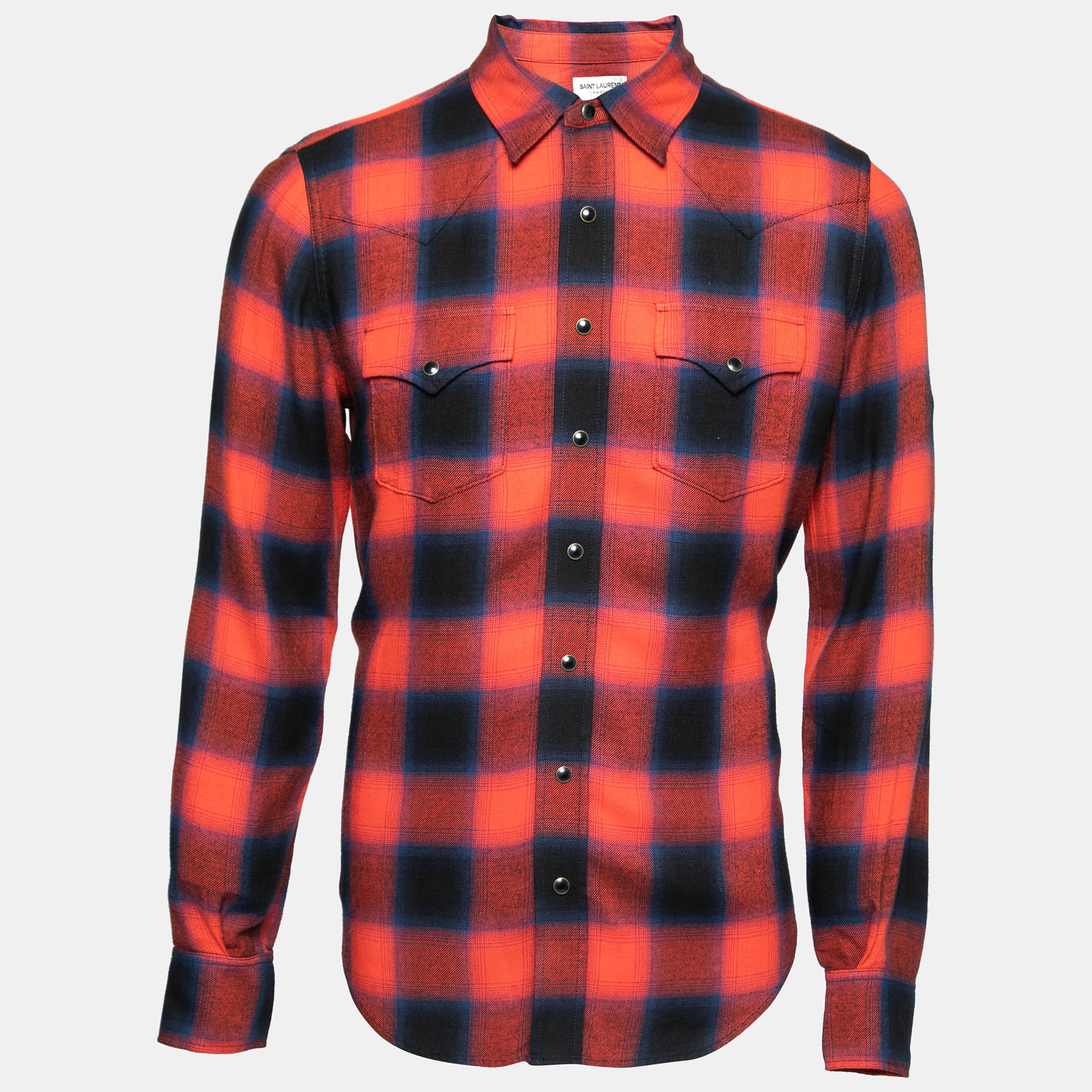 Saint Laurent Distressed Rayon Check Long Sleeve Shirt Red,Black