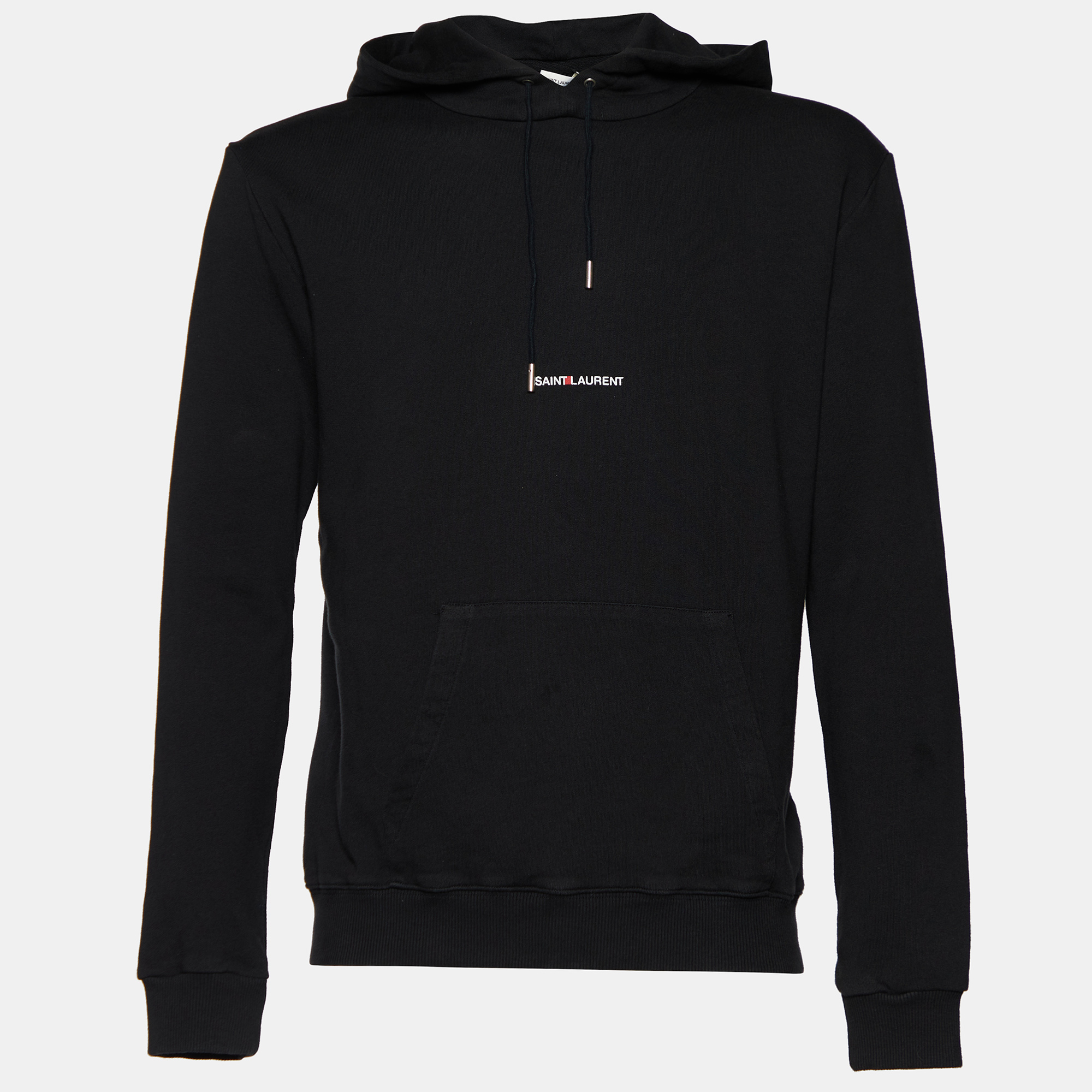 Pre Owned Saint Laurent Black Archive Logo Print Cotton Hooded Sweatshirt M