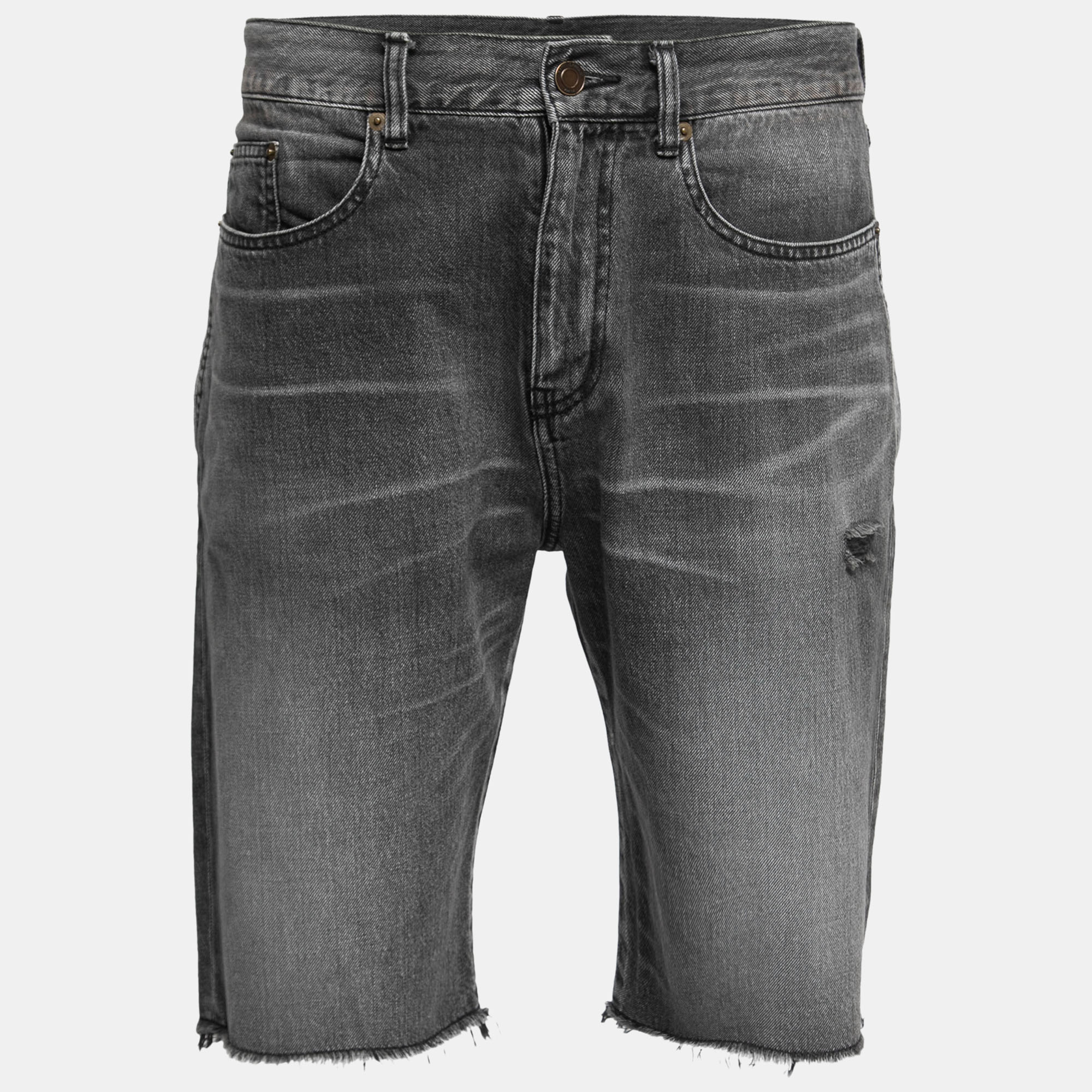 Saint Laurent Paris Grey Distressed Denim Bermuda Shorts L