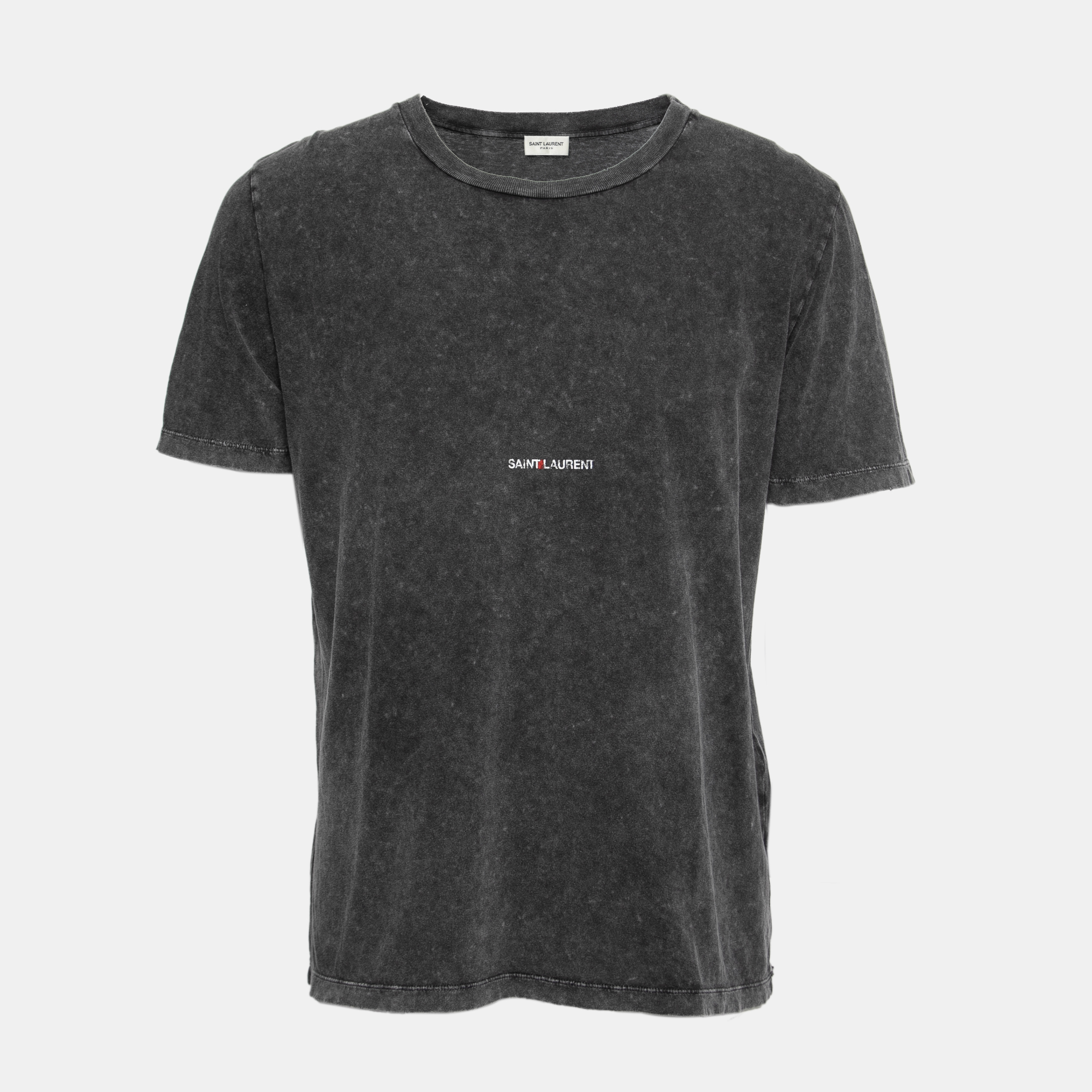 Saint Laurent Paris Grey Logo Print Cotton Distressed Effect T-Shirt S