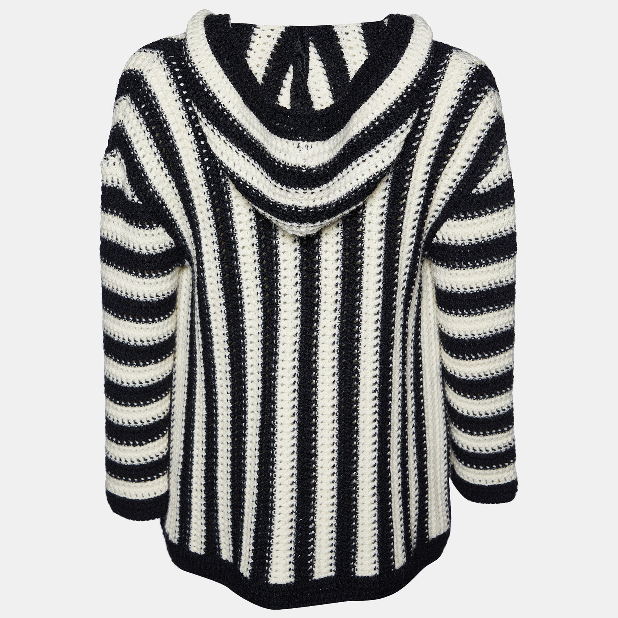 

Saint Laurent Monochrome Striped Crochet-knit Wool Hooded Cardigan, White