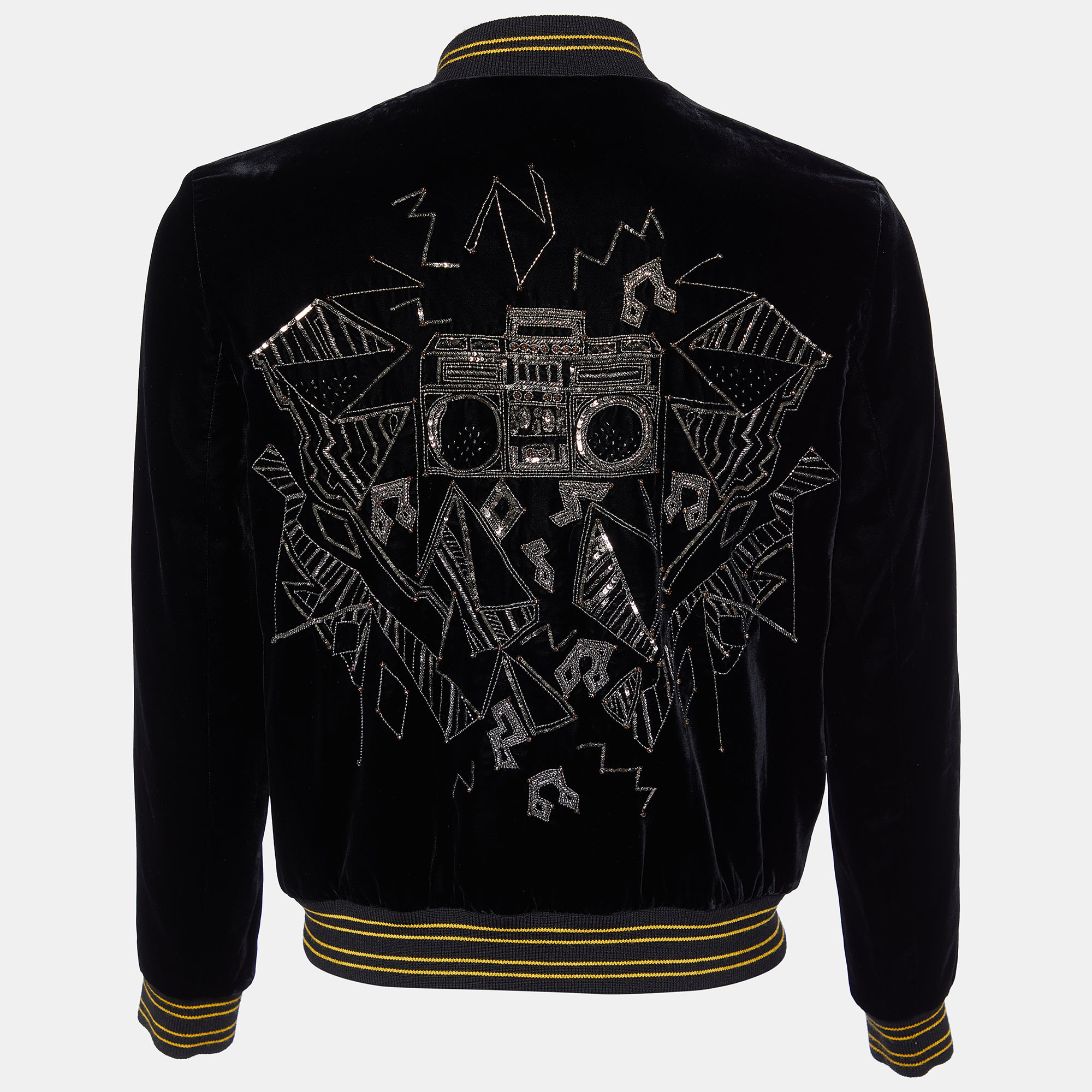 

Saint Laurent Paris Black Embellished Velvet Contrast Rib Detail Bomber Jacket