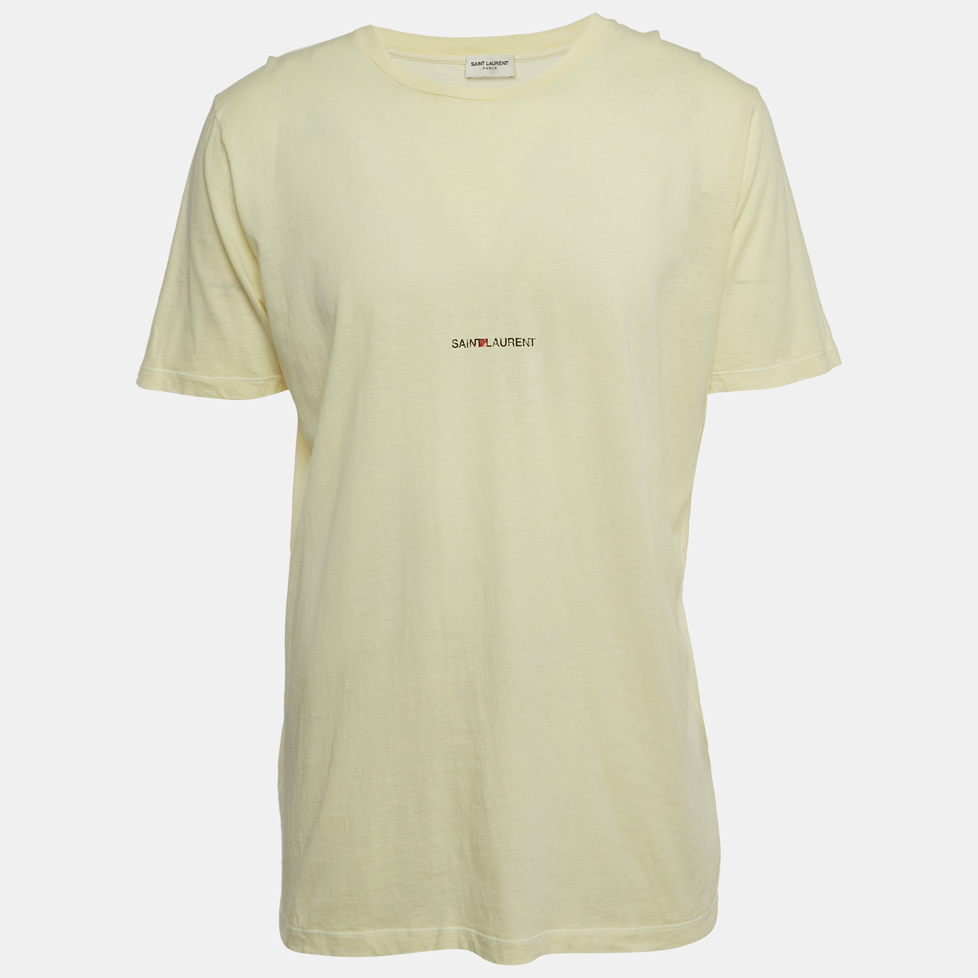 Pre-owned Saint Laurent Light Yellow Logo Print Cotton Relaxed Fit T-shirt M
