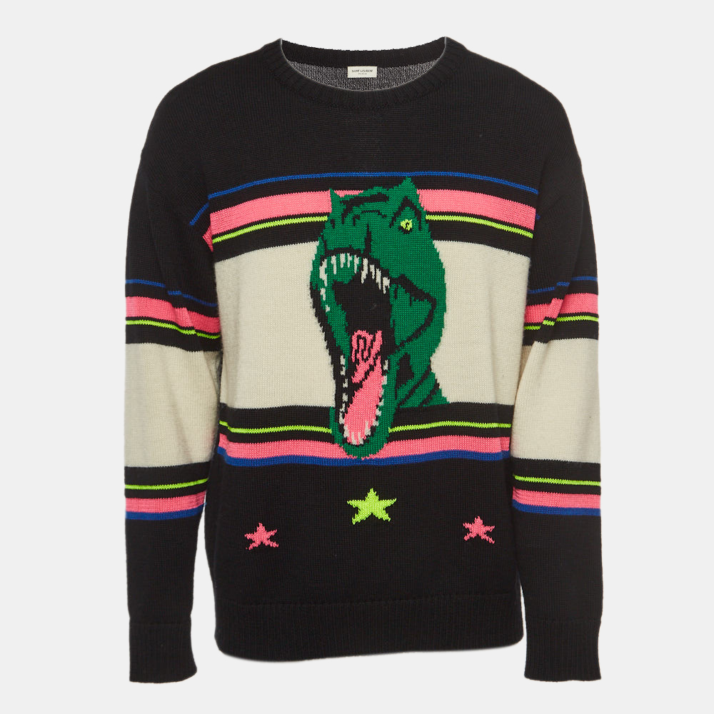 Pre-owned Saint Laurent Black/multicolor Dinosaur Intarsia Wool Sweater Xl