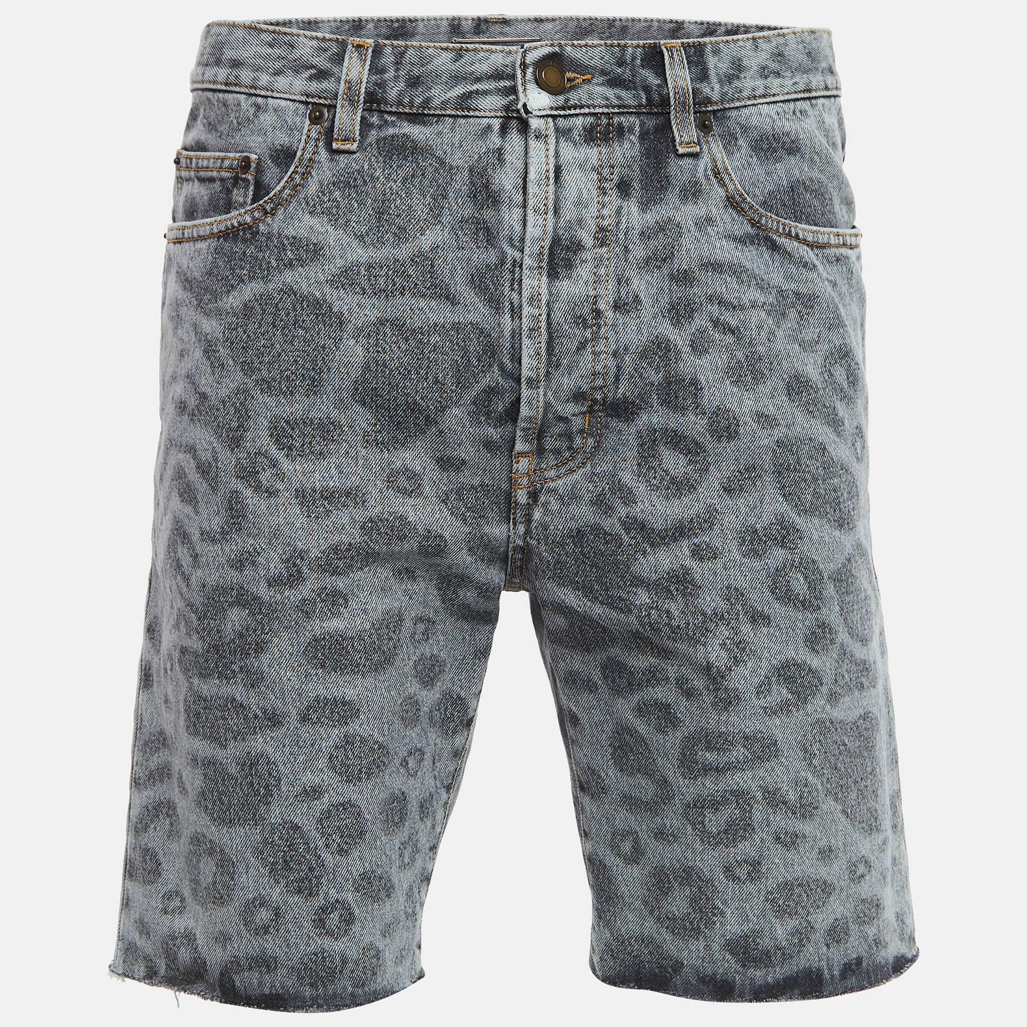 Pre-owned Saint Laurent Grey Leopard Print Denim Shorts M Waist 32''