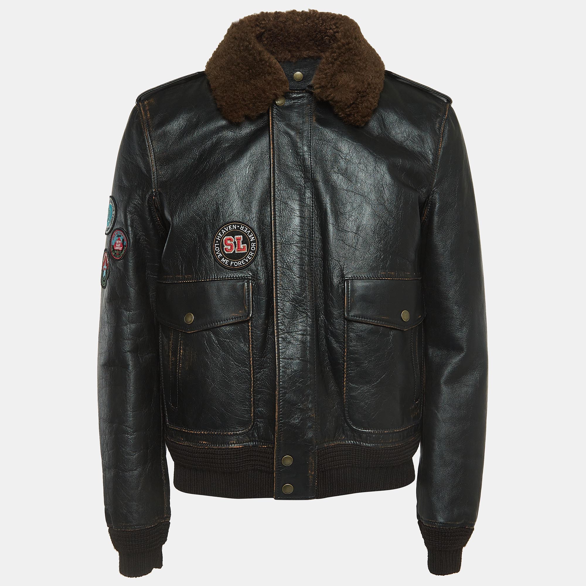 

Saint Laurent Paris Brown Applique Detail Leather Jacket