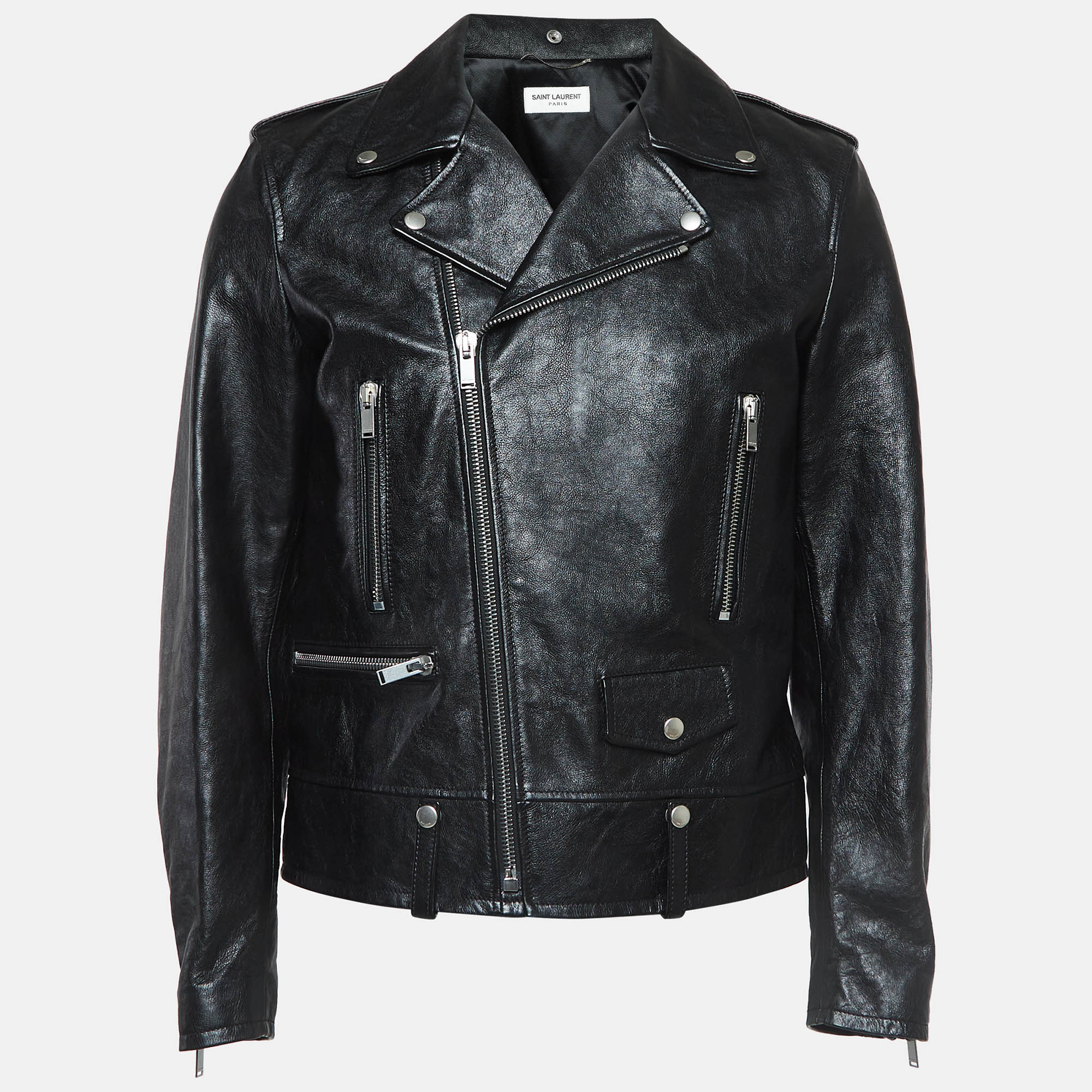 

Saint Laurent Paris Black Leather Zipper Detail Biker Jacket XL