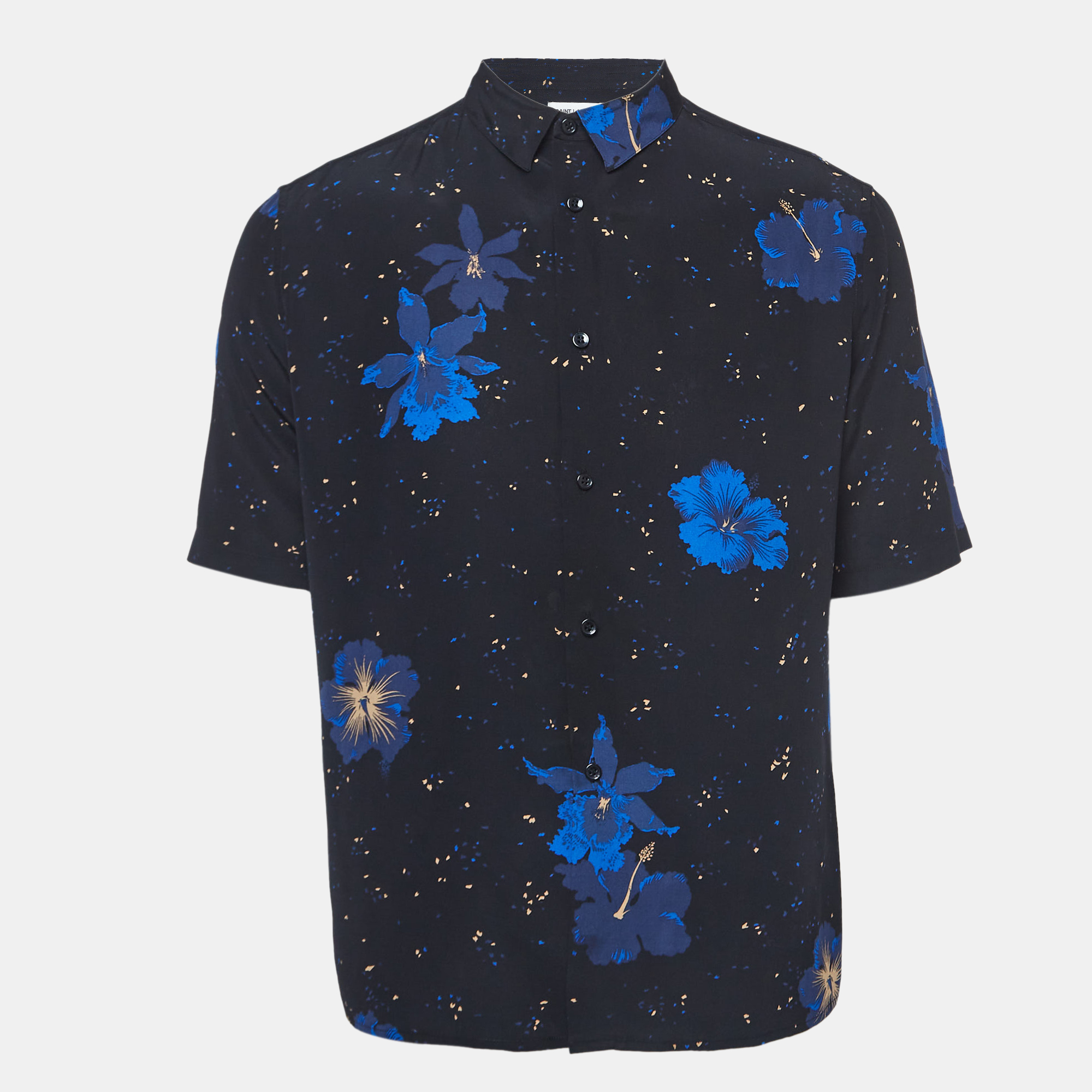 

Saint Laurent Paris Noir Blue Confetti Hibiscus Silk Shirt M