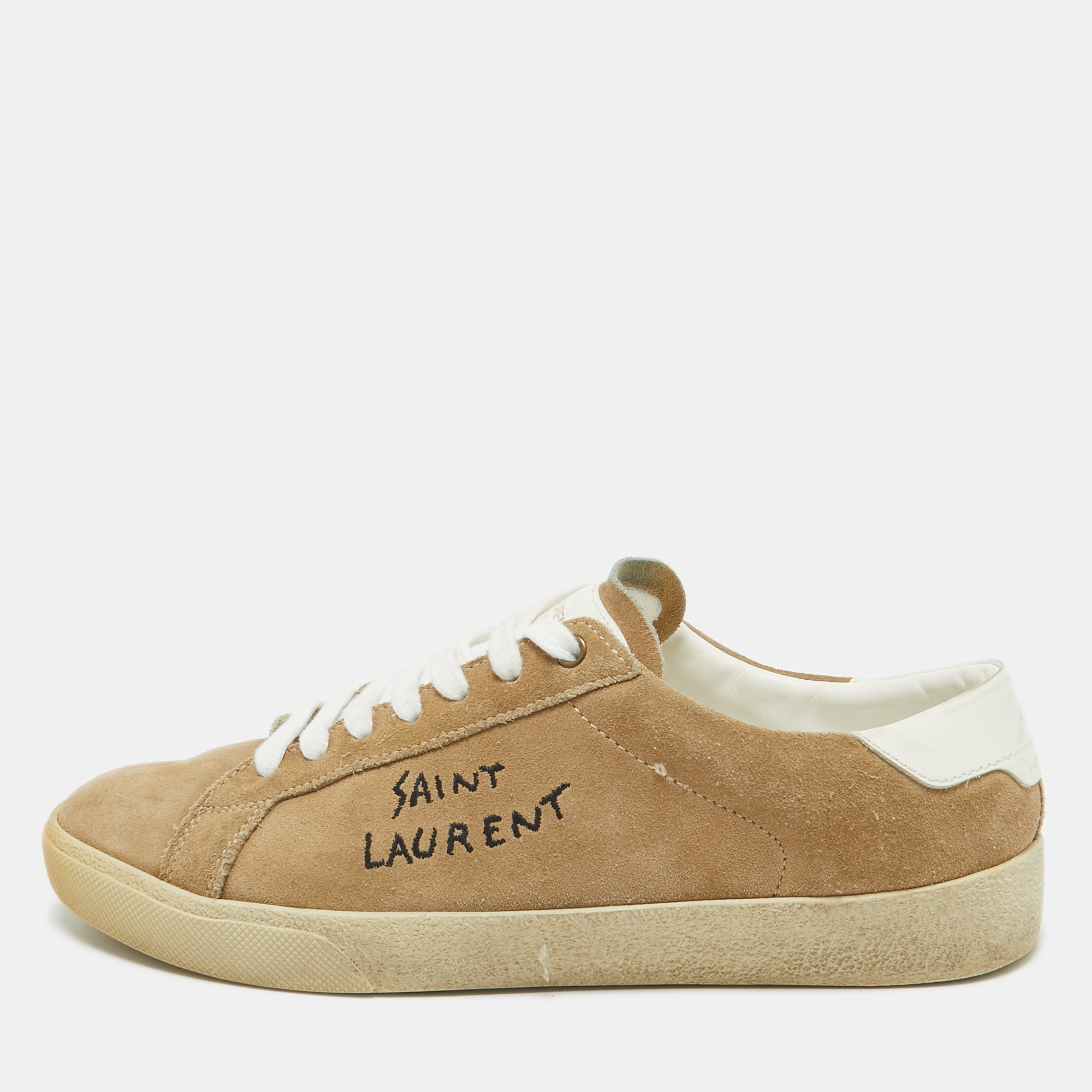 Pre-owned Saint Laurent Beige Leather And Suede Court Classic Lace Up Sneakers Size 43