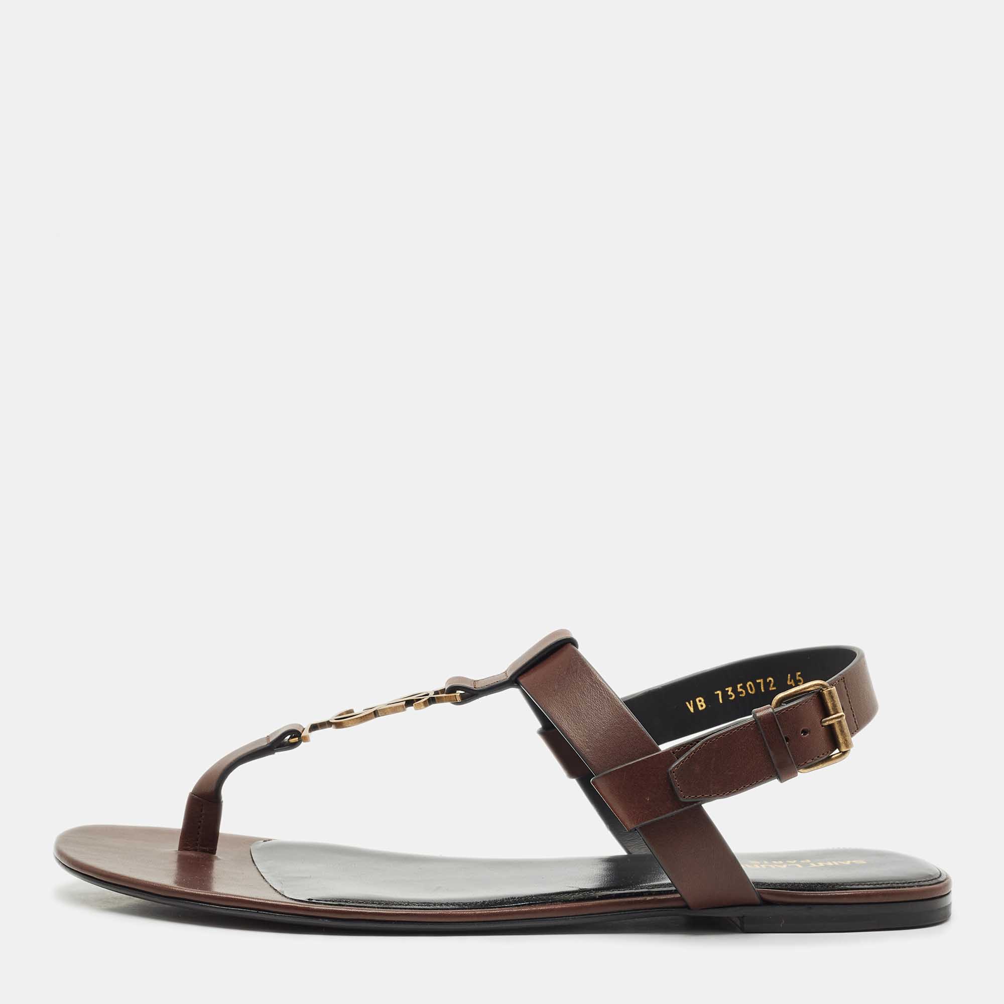Pre-owned Saint Laurent Brown Leather Cassandre Thong Sandals Size 45