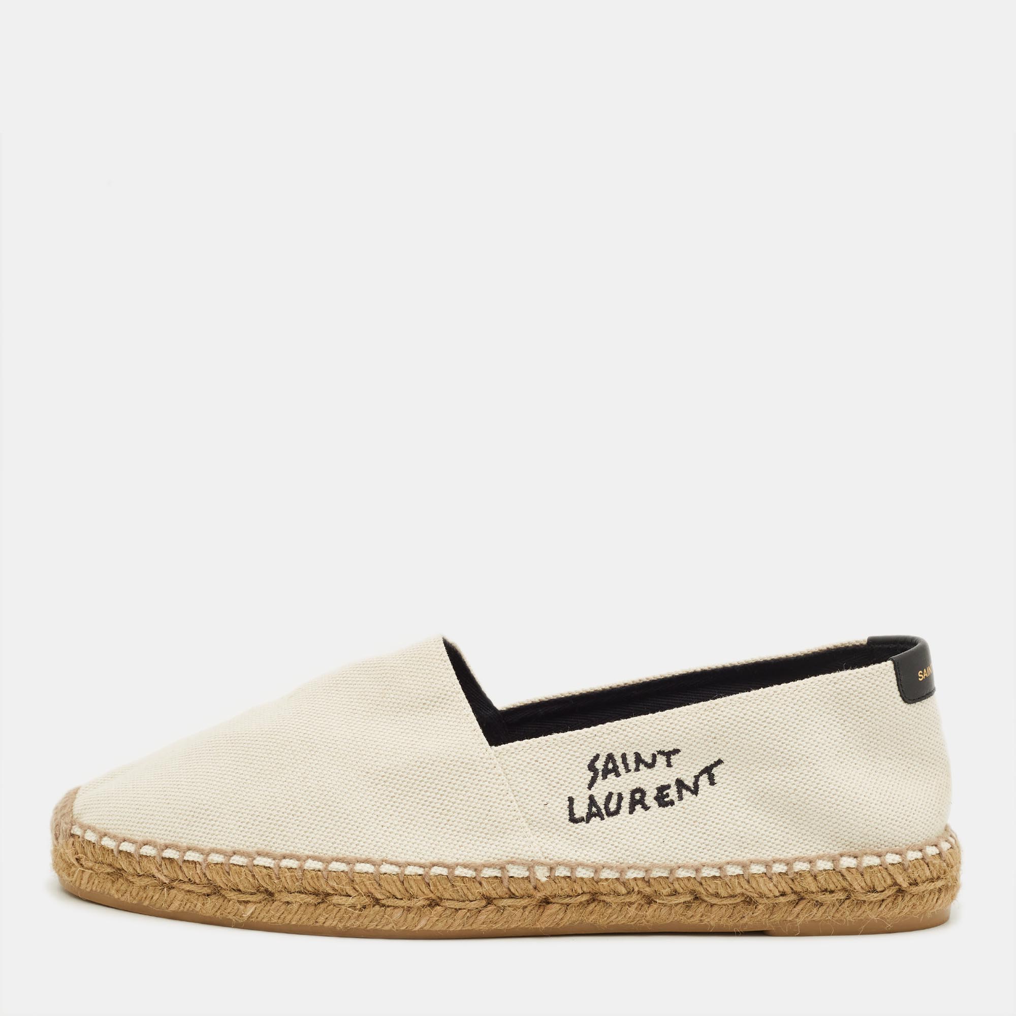 

Saint Laurent Cream Canvas Logo Embroidered Espadrille Flats Size