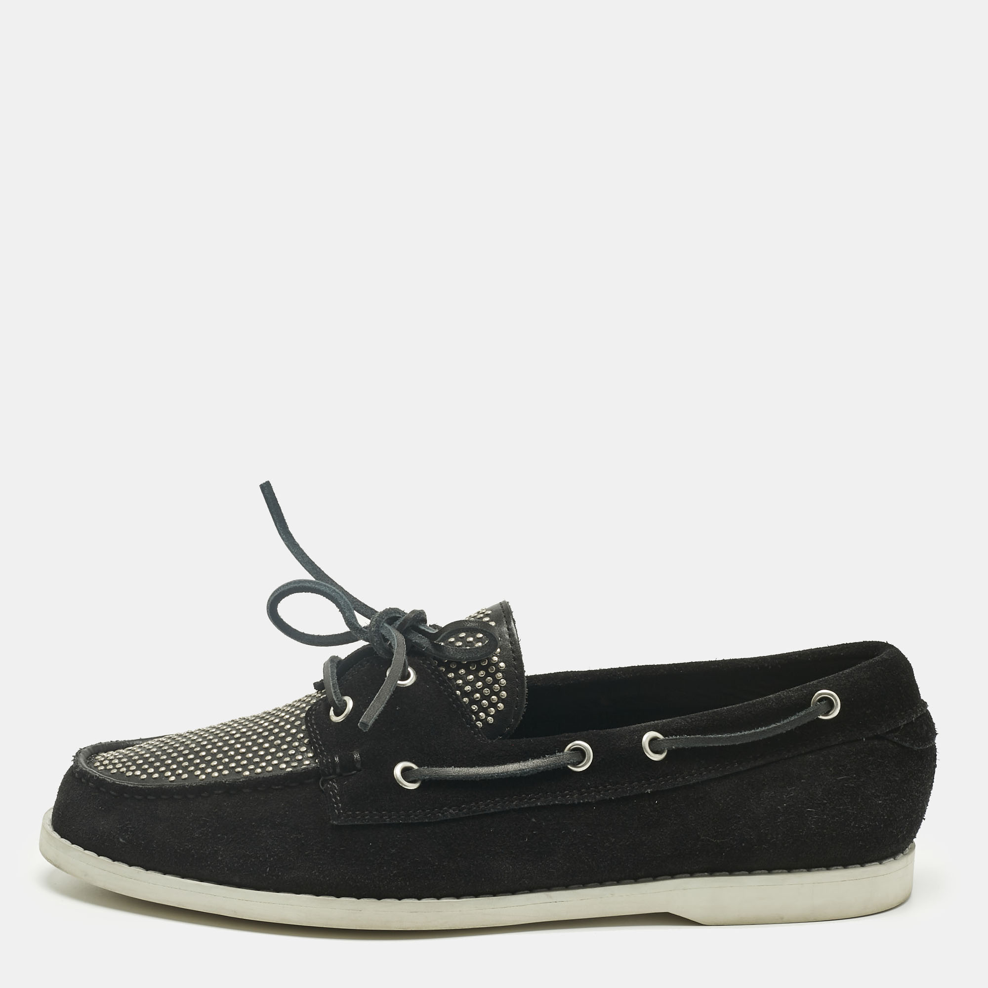 Pre-owned Saint Laurent Black Leather And Suede Studded Deck Loafers Size 43