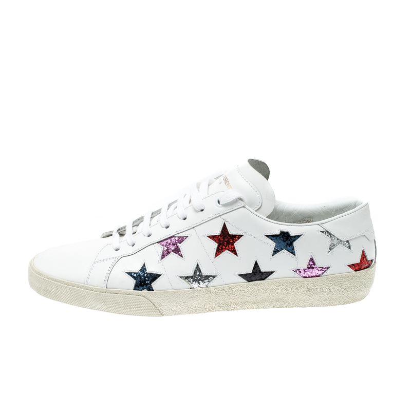 

Saint Laurent Paris White Leather Glitter Star Embellished Low Top Sneakers Size