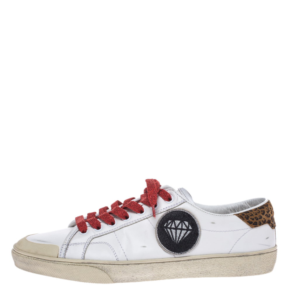 

Saint Laurent Paris White Leather And Suede Court Classic SL/37 Diamond Patch Low Top Sneakers Size