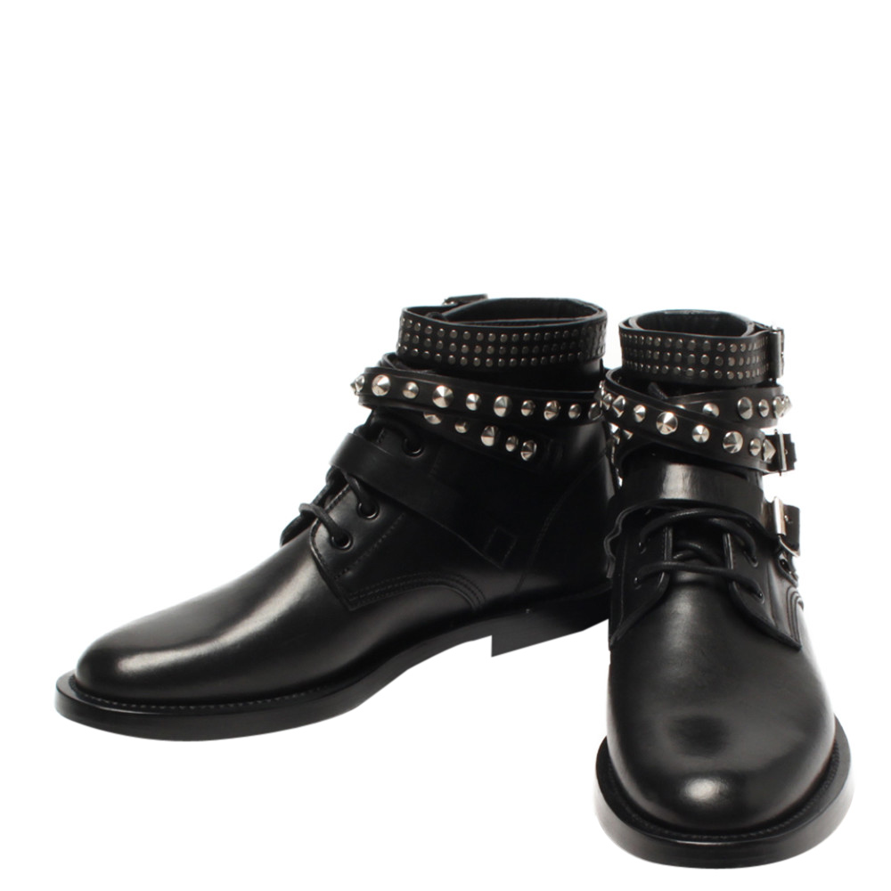 Pre-owned Saint Laurent Black Leather Studded Boots Size 39
